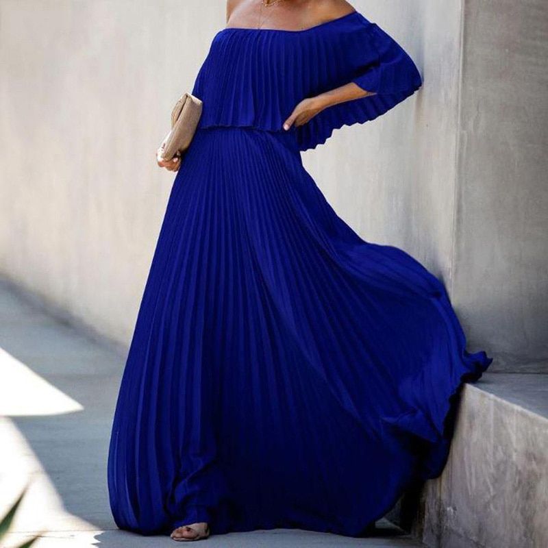 Fashion Lady Pleated Long Party Dress Spring Summer Sexy Strapless Maxi Dresses Elegant Ruffle Off Shoulder Women Chiffon Dress