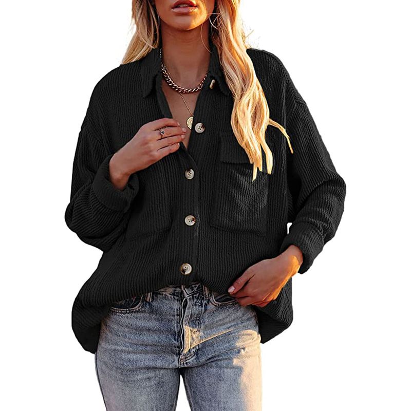 Women Button-down Shirt, Adults Solid Color Long Sleeve Lapel Corduroy Cardigan with Pockets