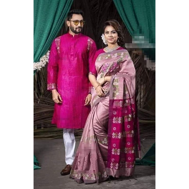 Exclusive Designer same as picture Half silk SHuli Ful Saree and DHupian panjabi combo For couple
