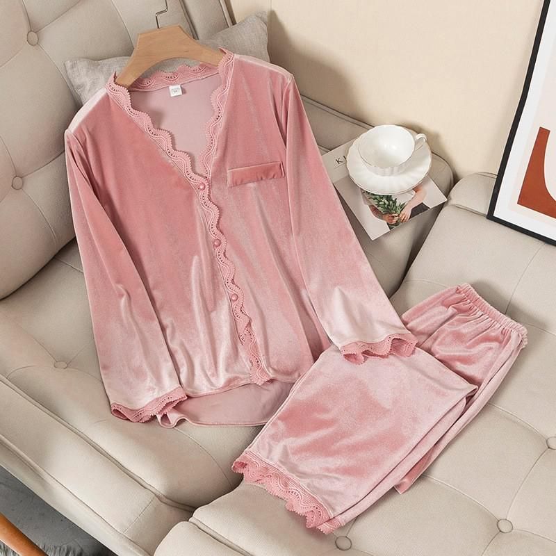 Autumn  Pajamas Set Casual Women Sleepwear Velour 2 Pieces Shirt&Pants Lounge Wear Soft Velvet Lingerie Home Clothes