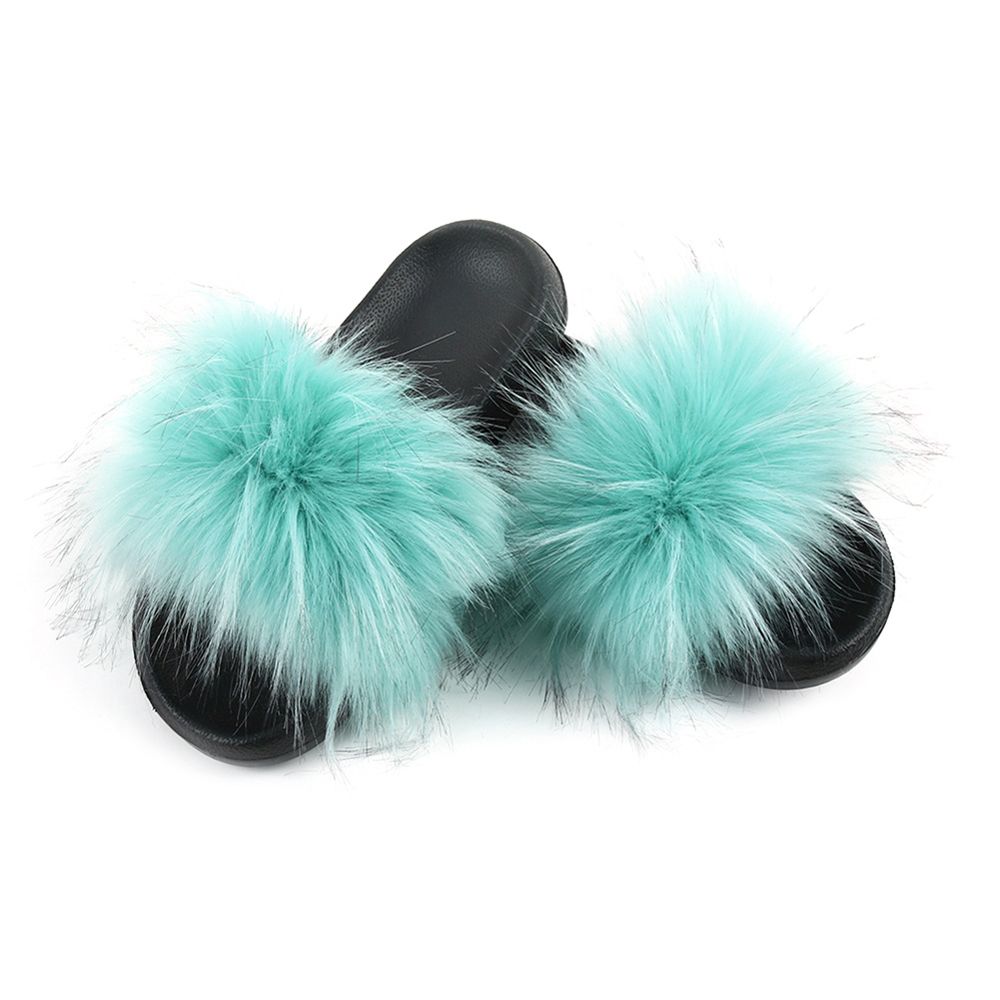 Fashion Women Long Faux Raccoon Fur Anti-slip EVA Slippers Indoor Fuzzy Sandals