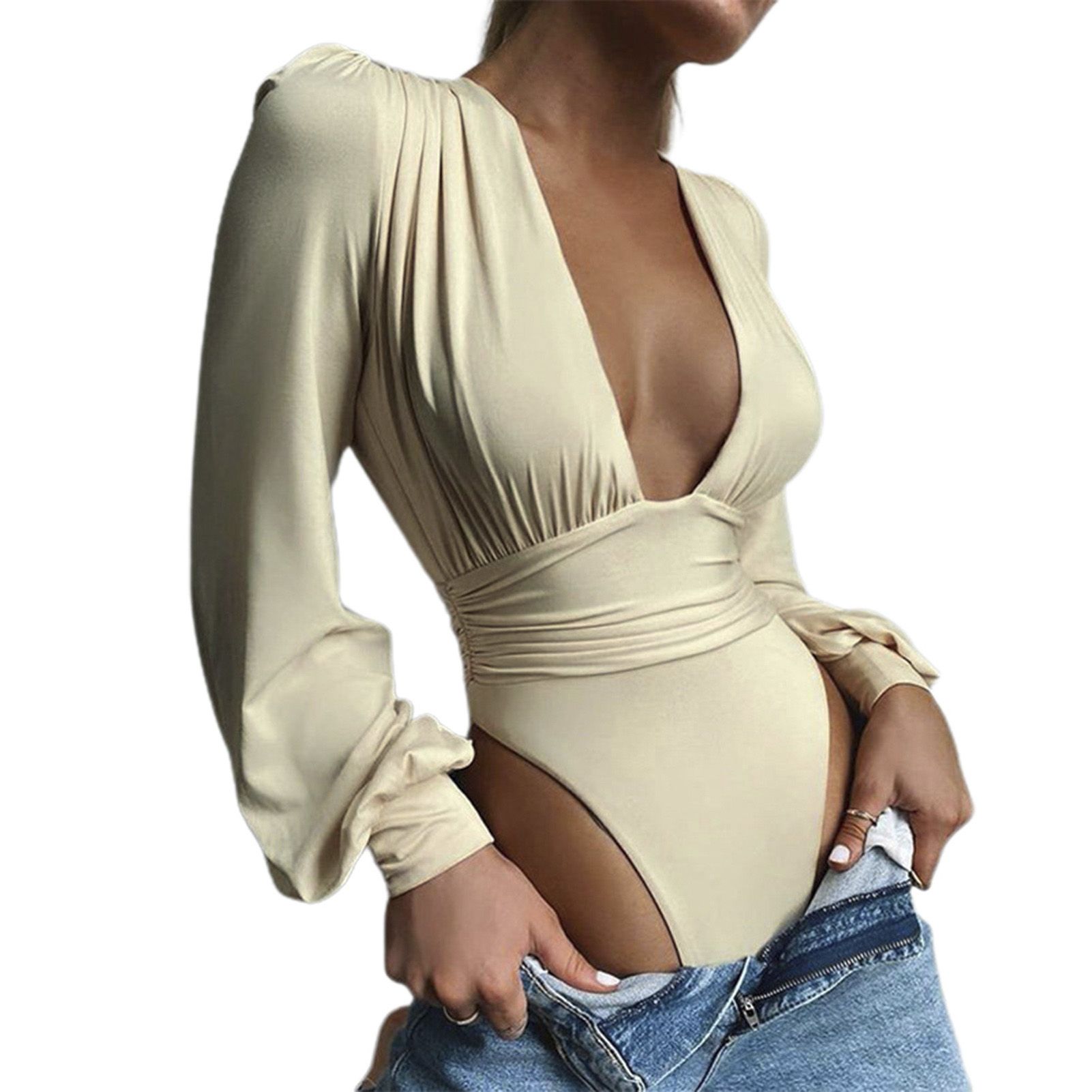 Autumn Bodysuit Long Sleeve Deep V-Neck Solid Color Lady Bodysuit
