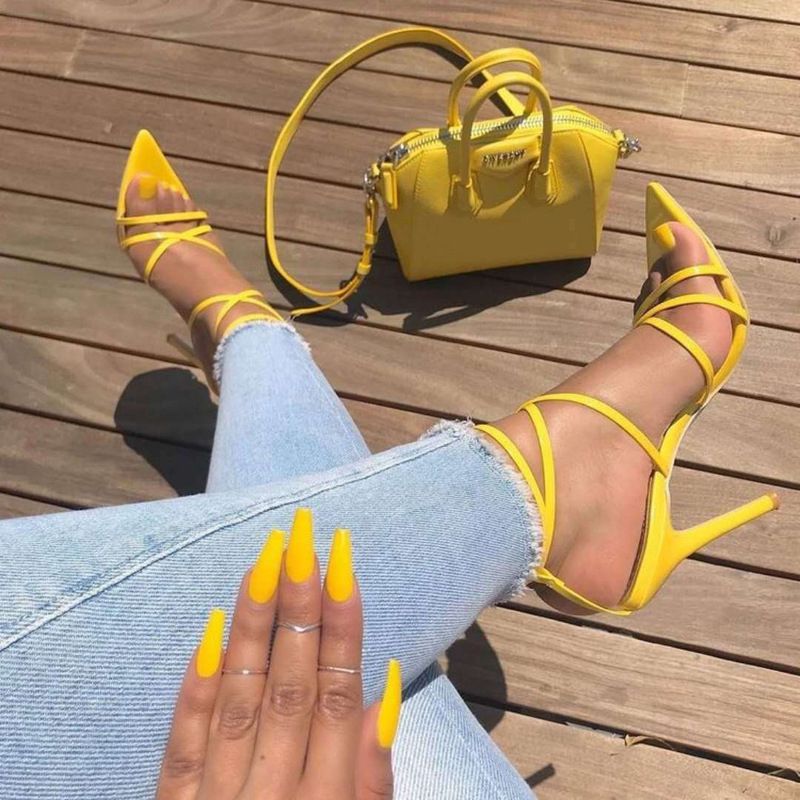 April 2021 Women Open Toe PU Concise Heeled Sandals Party Cut Out Stiletto Heel Buckle
