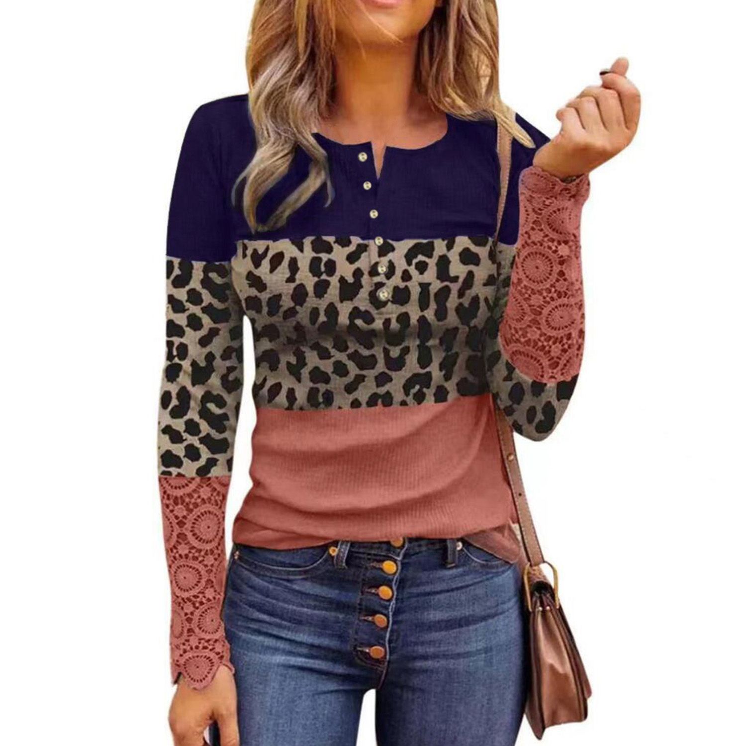 Tunic Blouse Long Sleeve Color Block Lace Stitching Sleeve Blouse