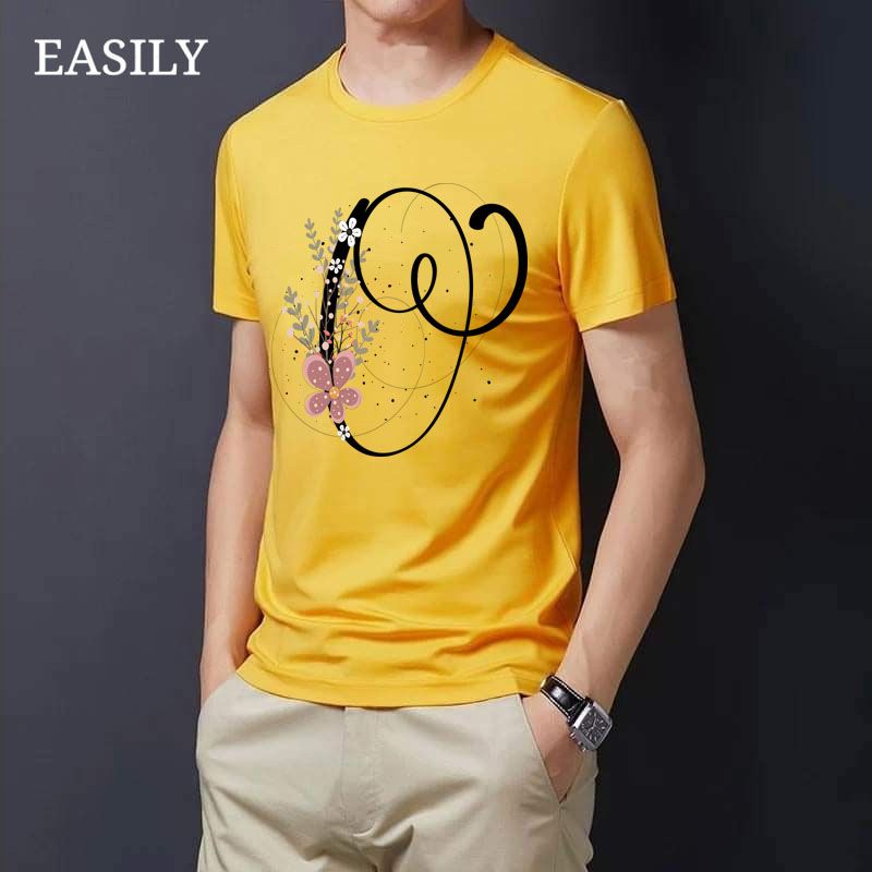 Floral Alphabet Letters A to Z Yellow Color T-Shirt for Men's - T Shirt