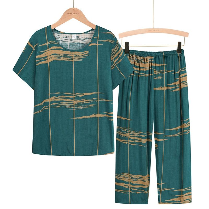 Silk Cotton Home Shirts For Ladies High Quality Fashion Pajama Style Suit Casual Two Pieces Set Women Large Size 4XL Red Green