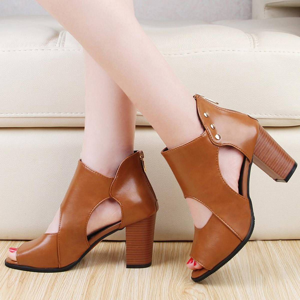 Female Shoes  Womens Fish Mouth High Heel Zipper Sandals Leather Short Boots Single Shoes Ready stock
