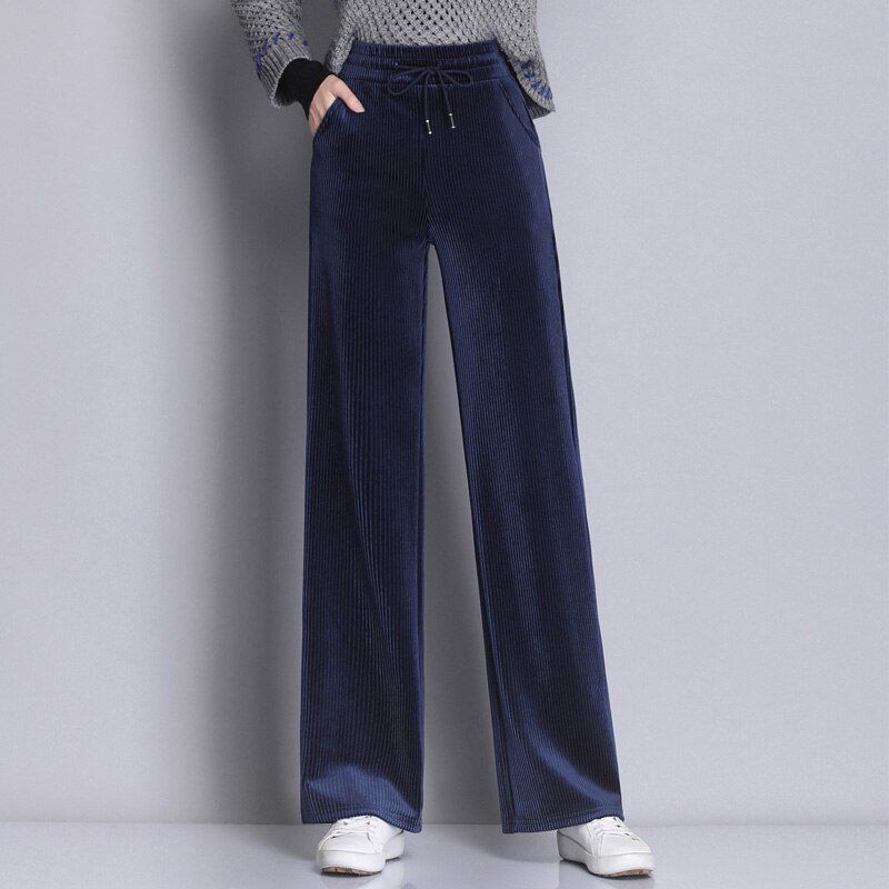 Women Elegant Black Pants Lace Up Elastic Waist Streetwear Autumn Winter Casual Full Length Trousers Corduroy Pantalones