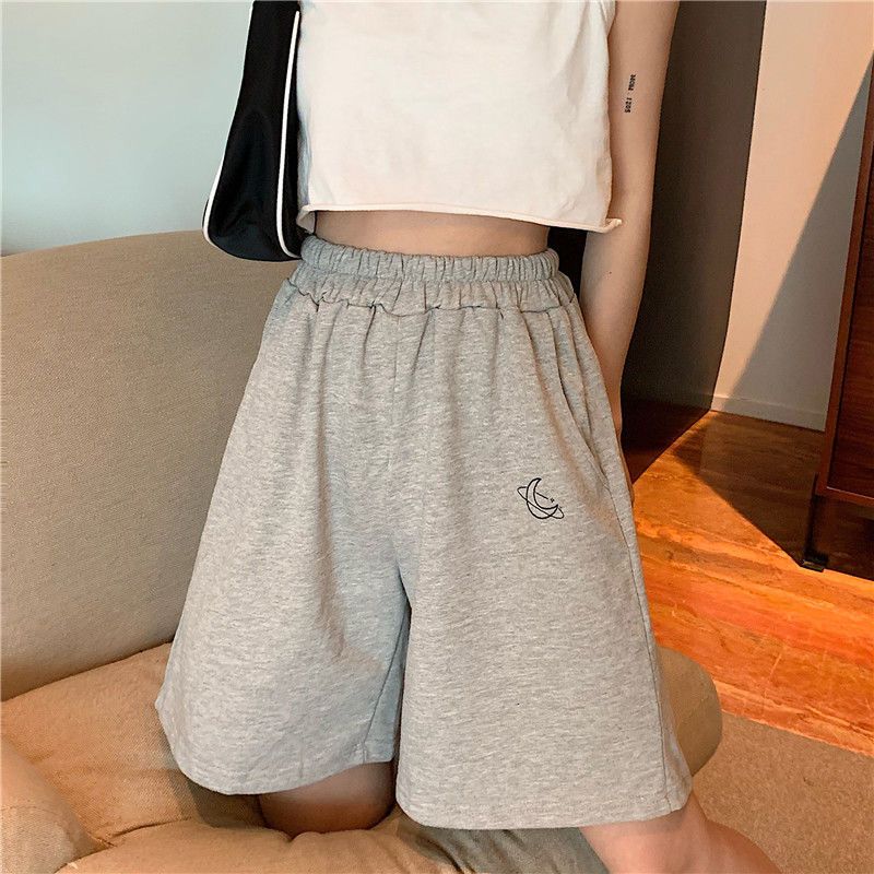 Shorts Women Pattern Embroidery Lovely Loose Casual Elastic Waist Daily Korean Style Womens Knee-length Workout Wear