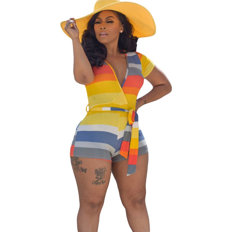 Women Jumpsuit, Summer Short Sleeve Rainbow Striped Bodycon Wild Fashion Bodysuit, Deep V-Neck Waist Belt Short Jumpsuit Romper
