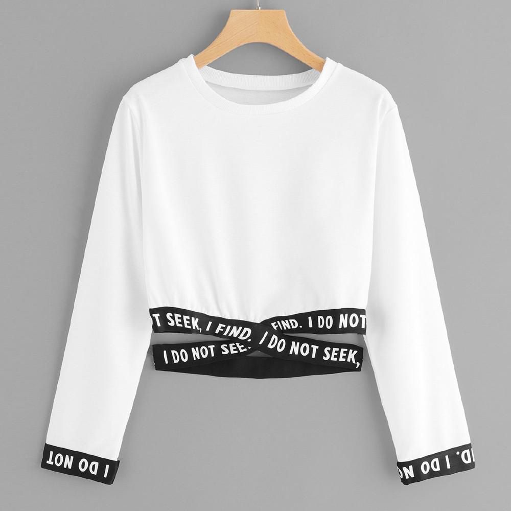 Women Letters Printing Long Sleeve Sweatshirt Short Pullover Tops Blouse