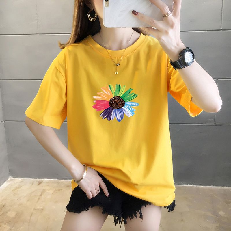 New Summer Women Loose Print T-shirt Fashion Rainbow Flower Pullover Casual Base Shirt