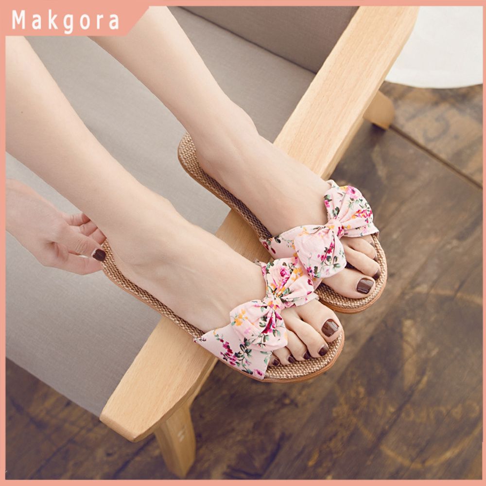 【ALLGOOD】Women Summer Beach Slippers Female Breathable Floral Bow Linen Slippers Fashion Girl Casual Sandals Bohemia Style []