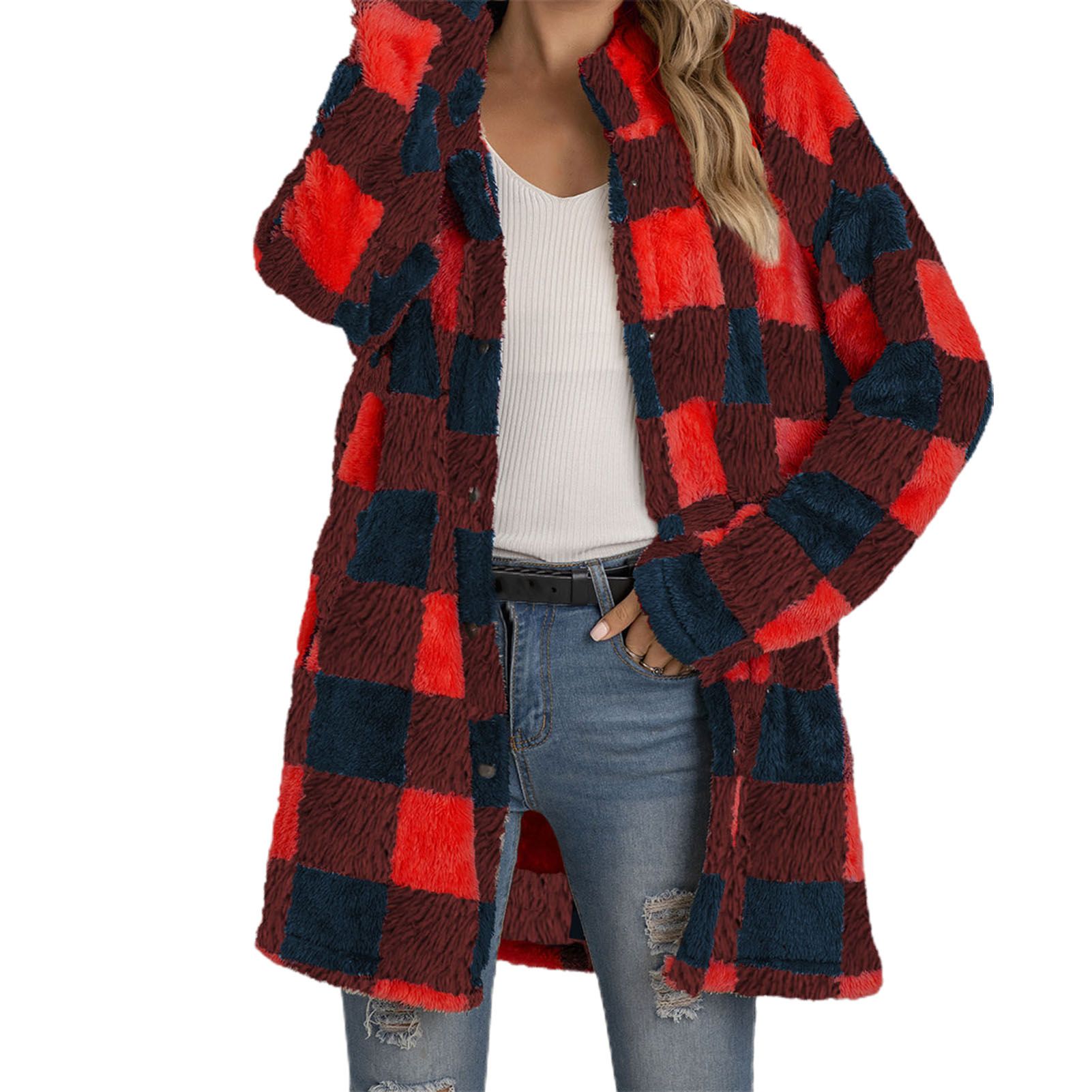Women Cardigan Coat Simple Plaid Print Women Fluffy Cardigan