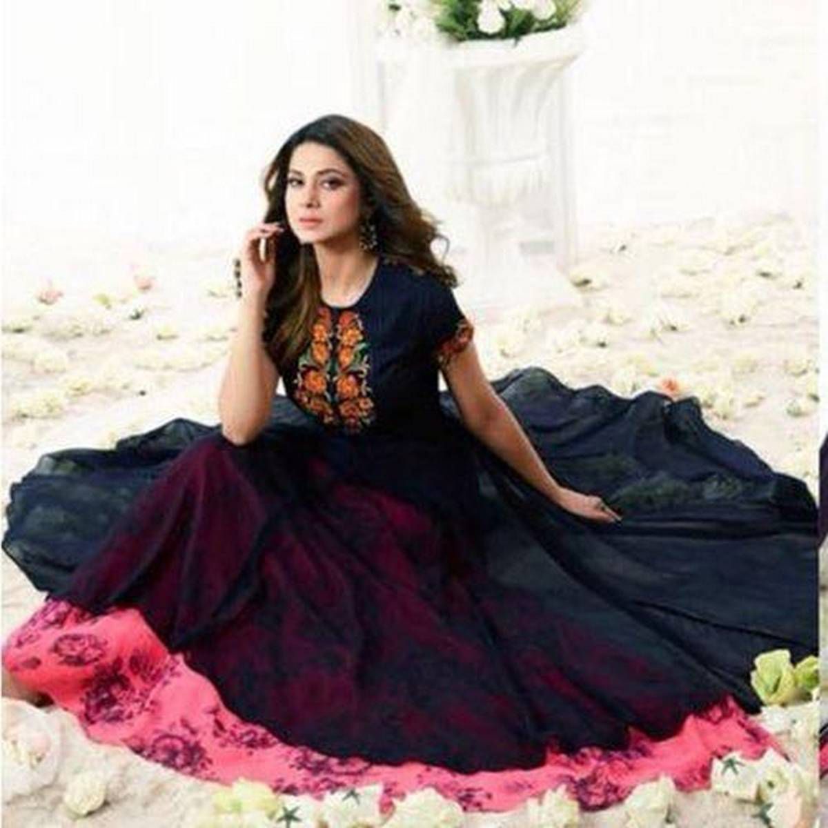Unstitched Navy Blue Georgette Gown for Women
