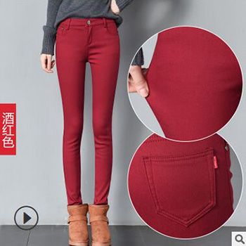 Pencil Pants For Women Winter Warm Skinny Femme Trousers With Velvet Inside Solid Slim Female Pants Plus Size Black