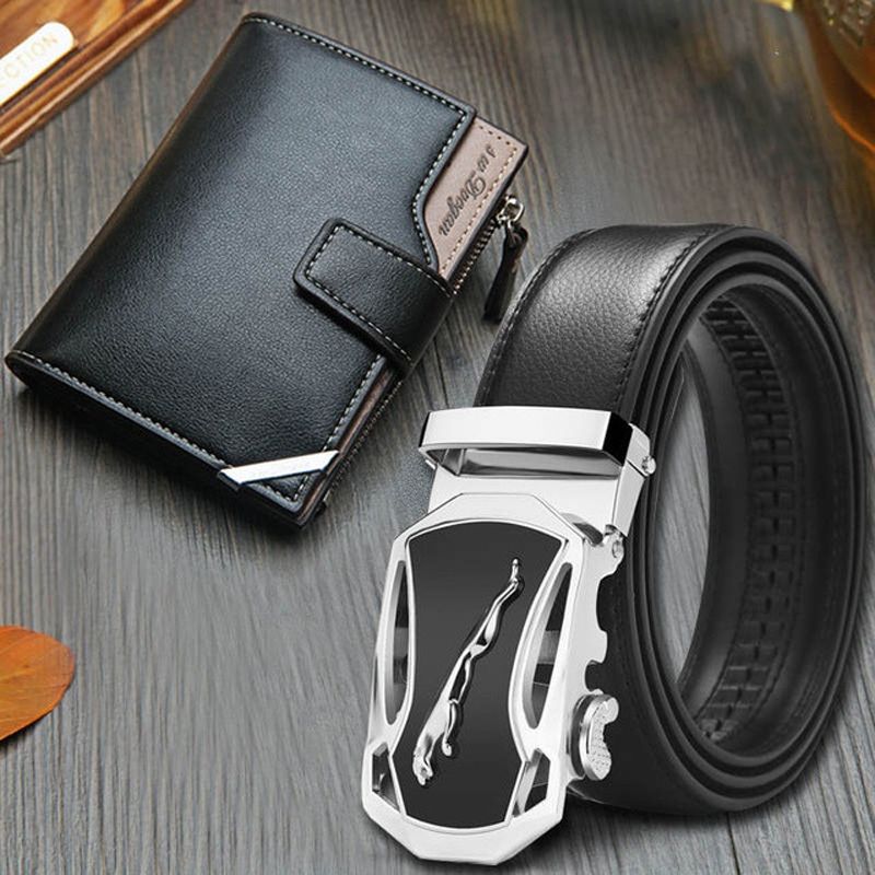 suit New Designer Leather StrapAutomatic Buckle For Men Girdle Men animal picture leopard Automatic buckle men wallet set/sets