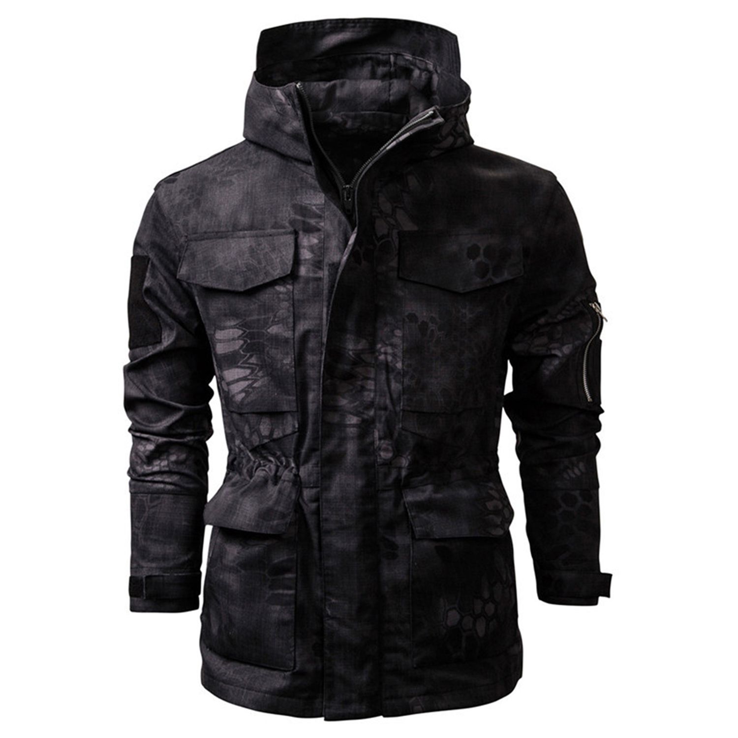 Men Outdoor Tactical Jacket, Adults Long Sleeve Stand Collar Camouflage Coat with Flap Pockets