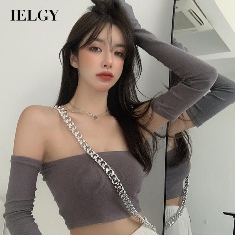 IELGY one-shoulder tube top hot girl knit T-shirt women summer short off-shoulder tight-fitting long-sleeved top