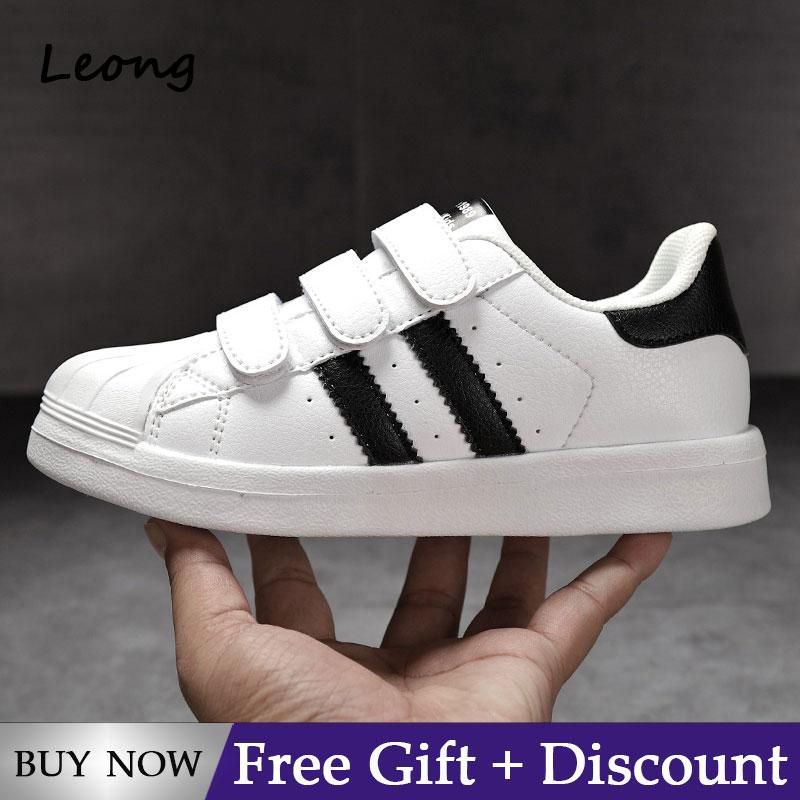 Kids Sneakers Velcro Slip on Breathable Casual Shoes Stripe Leather Sneakers for Girls Boys (Black,White)