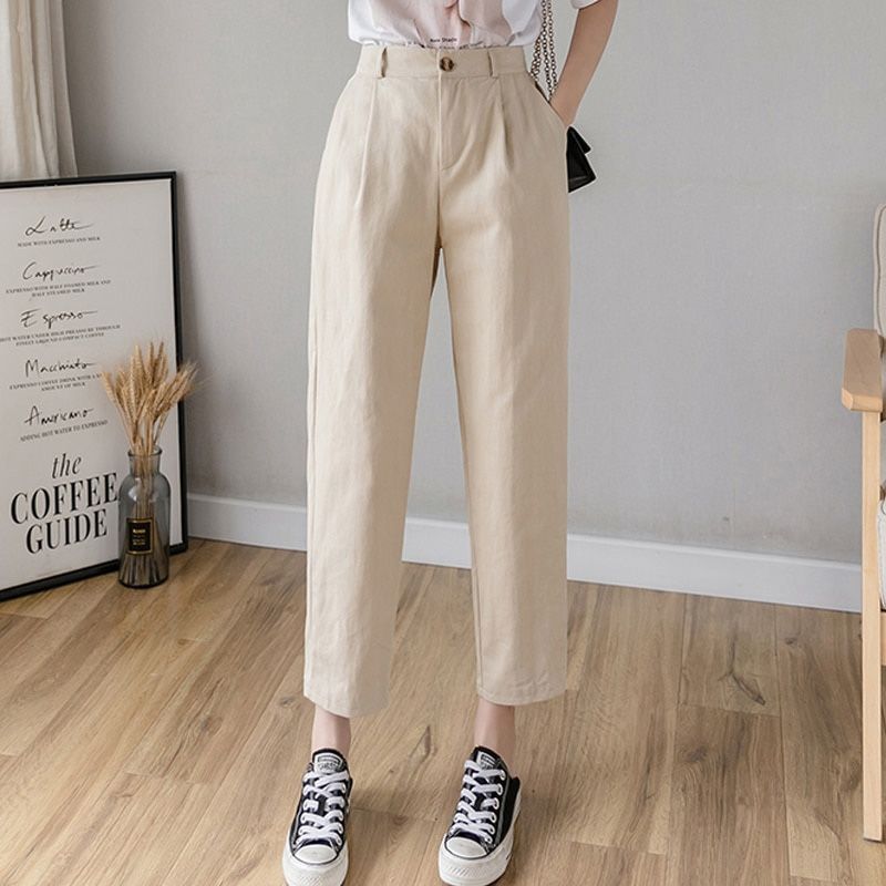 Korean women's black pants cotton white casual pants women loose harem pants high waist overalls nine-point plus size