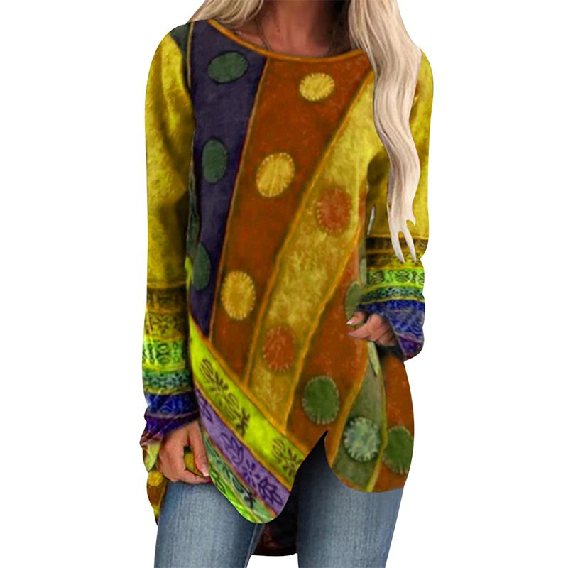 Women Retro Printed T-shirt, Loose Fit Long Sleeve O-neck Irregular Hem Pullover for Spring, Fall