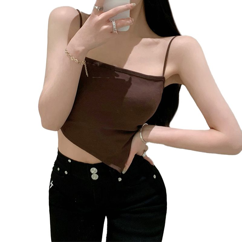 Female Camisole, Solid Color Spaghetti Strap Short Vest with Chest Pad for Summer, White/Black/Dark Coffee