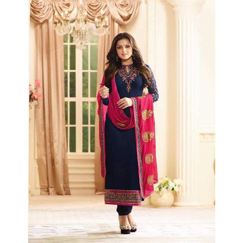 Navy Blue Georgette Unstitched Salwar Kameez for Women