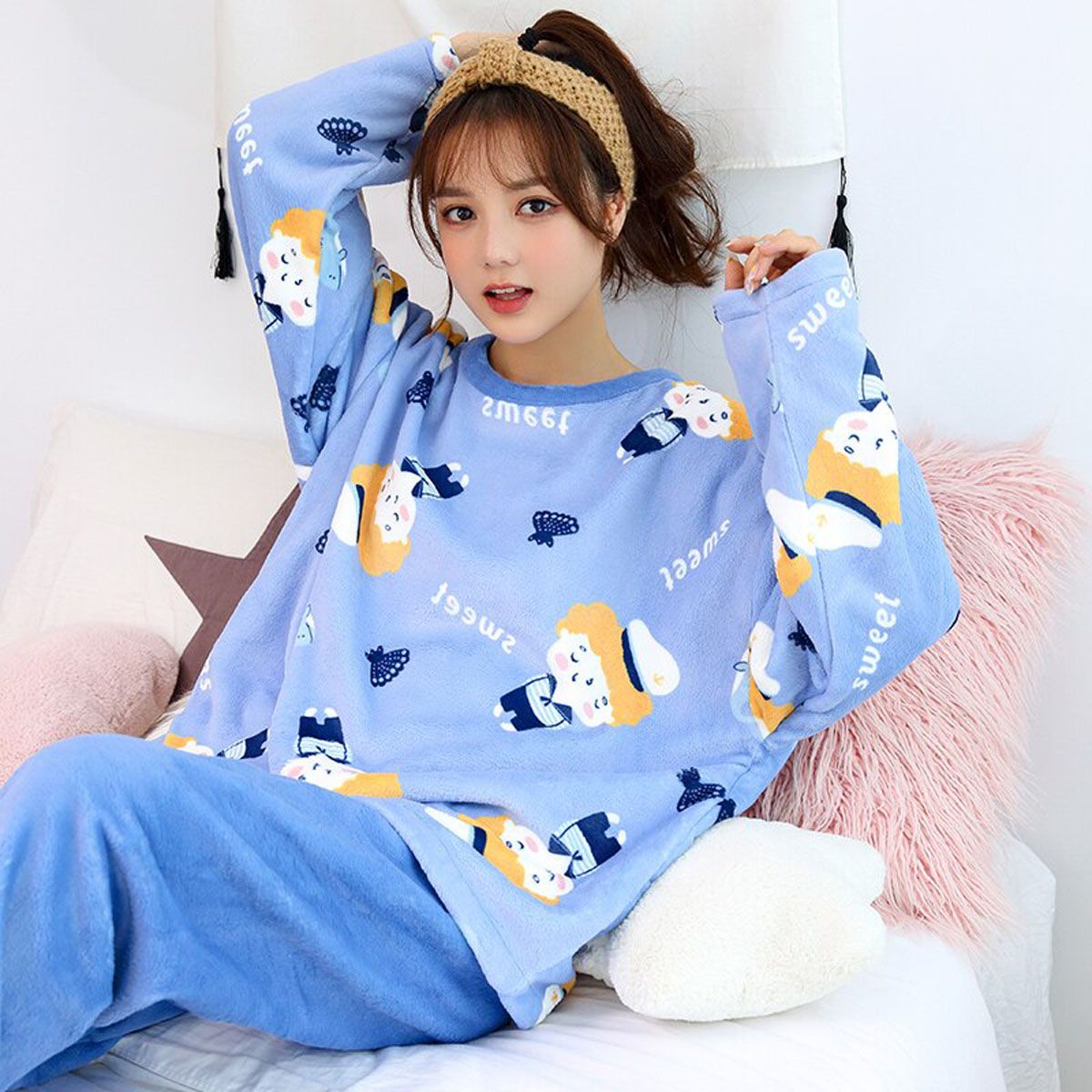 Autumn and Winter Warm Pants Set Plush Thickened Coral Velvet Pajamas Wear Home Clothes Loose Large Coat for Women Pyjamas
