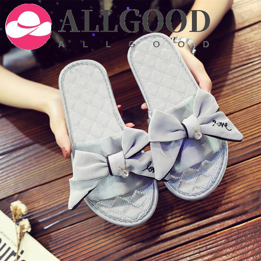 Women Indoor Silk Slippers Butterfly-knot Bowtie Light Comfy Flats Open Toe Home Slides House Causal Fashion Cute Shoes Ladies