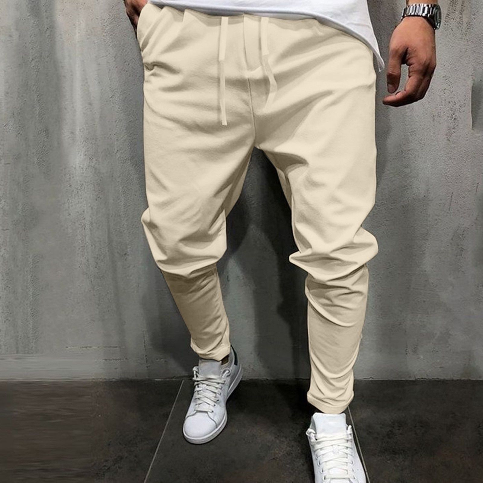 Mens Casual Pocket Mid-waist Pants Linen Cotton Sports Cropped Trousers High Quality Comfy Simple Pants Pantalones Hombre
