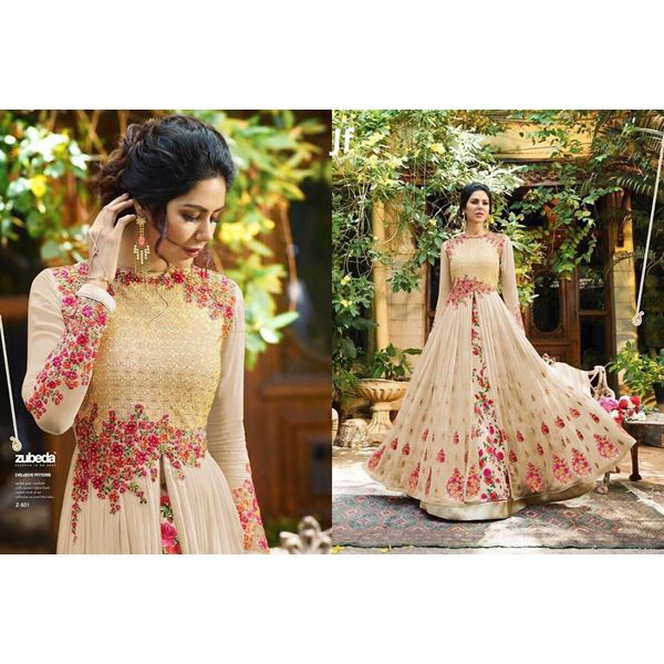 Fashionable Unstitch Cremm and Merun.Golden Embroidery Georgette Gown For Women