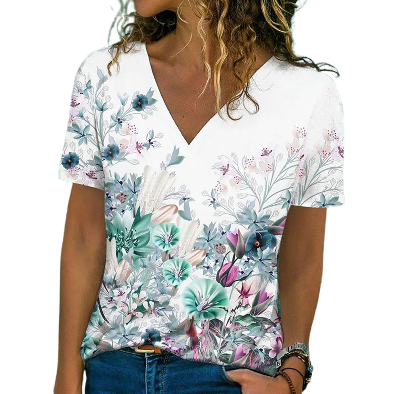 Women T-shirt Anti-ling Floral Themed Print Fashion Top