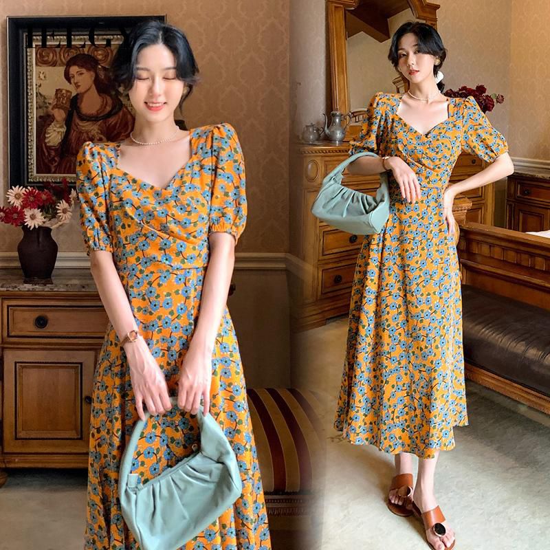 IELGY Floral Chiffon Long Temperament Short sleeves Look thin Waist Fashion V-neck dress for women fashion