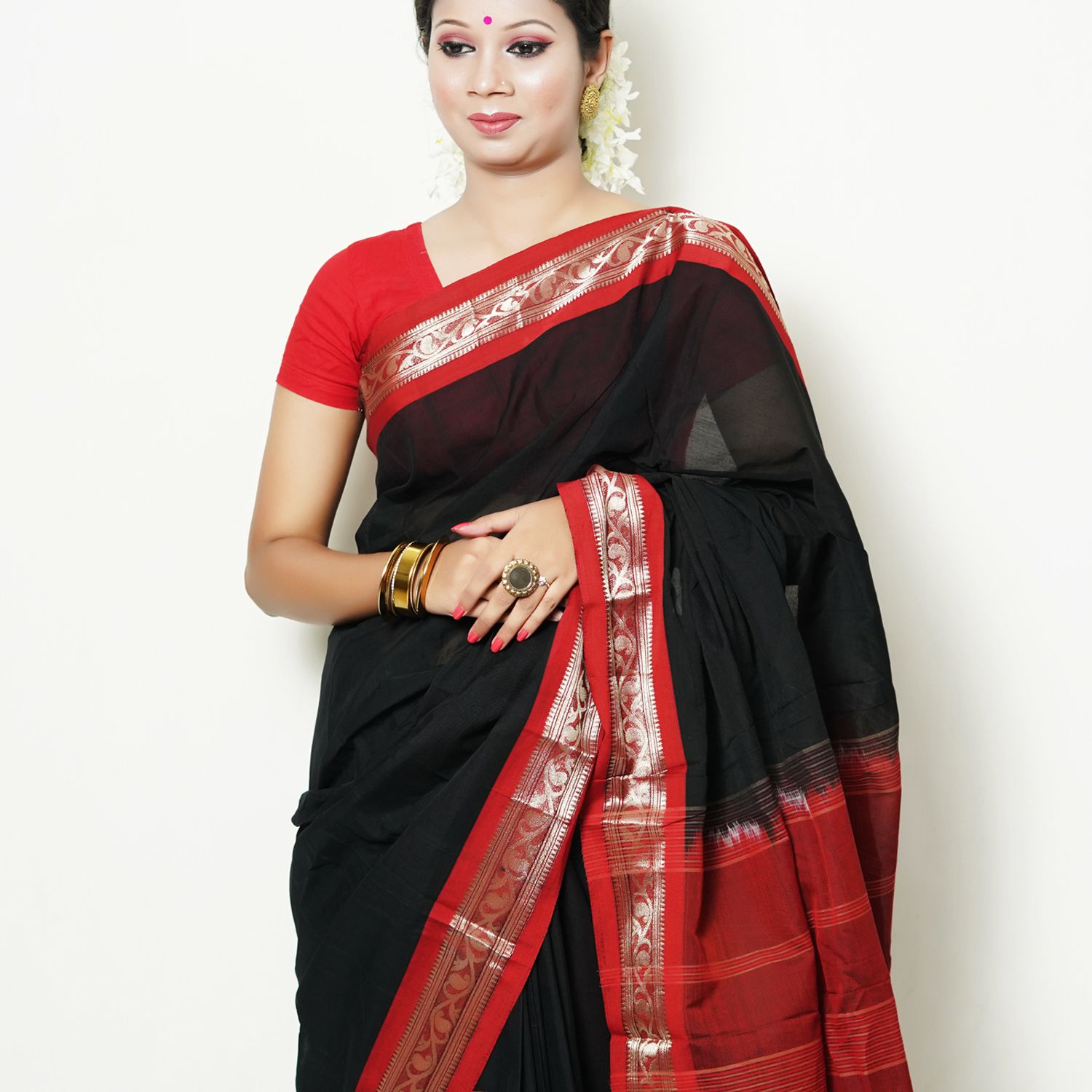 Red & Black Mashlaish Cotton Saree For women