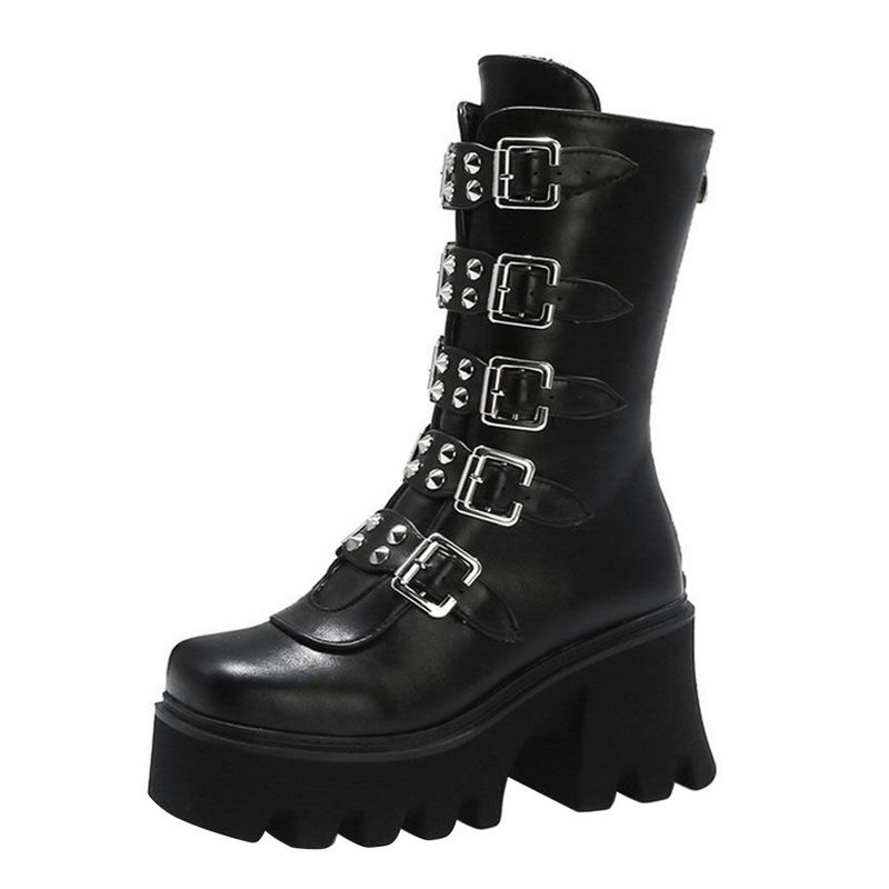 Women's Punk Rock Round Toe Platform High Heel Martins Boots Handsome Zipper Low Boots