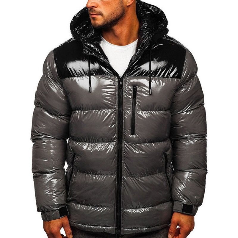 Bright Leather Winter Men's Jacket Casual Parka Outwear Waterproof Stand Collar Hooded Coat Clothing Thicken