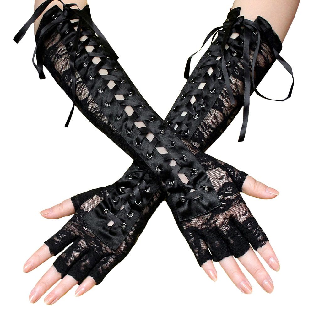 Women Gloves Hollow Out Holes  Punk Goth Ladies Cosplay Costume Long Fingerless Mesh Fishnet Gloves-As shown