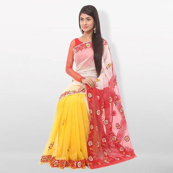 Multicolor Pure Musleen With Hand Embroidery Saree For Women