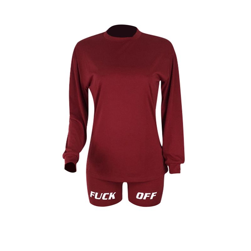 2Pcs Women Tracksuit, Solid-Color O-Neck Long-Sleeves Pullover + Tight Shorts with Letter Print Suit for Ladies, 8 Colors