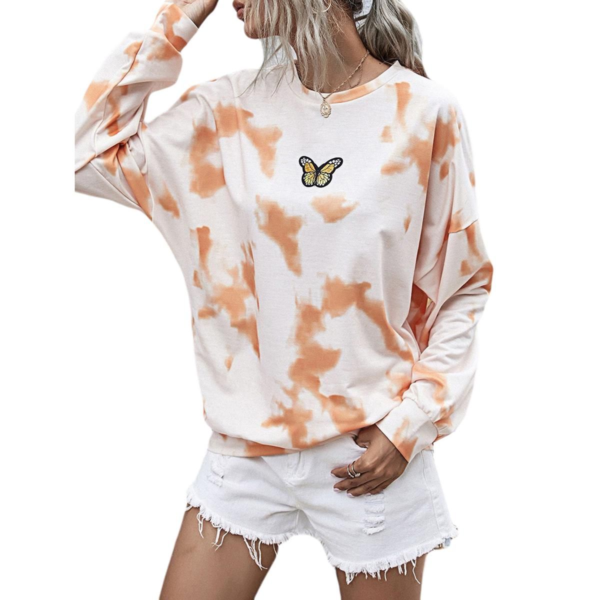 Women's Tie Dye Pullover, Casual Long Sleeve Crew Neck Butterfly Print Loose Sweatshirt
