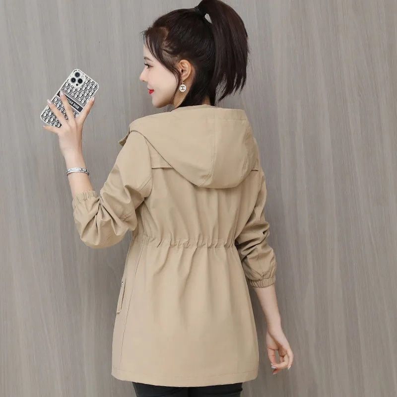 New Windbreaker Jacket Women's Mid-Length Autumn Fashion Tament Waist Was Thinner All-Match Casual Hooded Coat Khaki