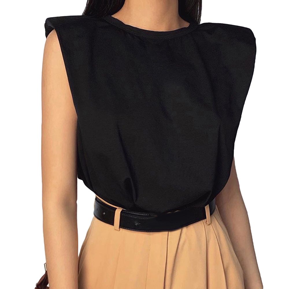 Women O Neck Shoulder Pads Sleeveless Bottoming Tank Top Vest