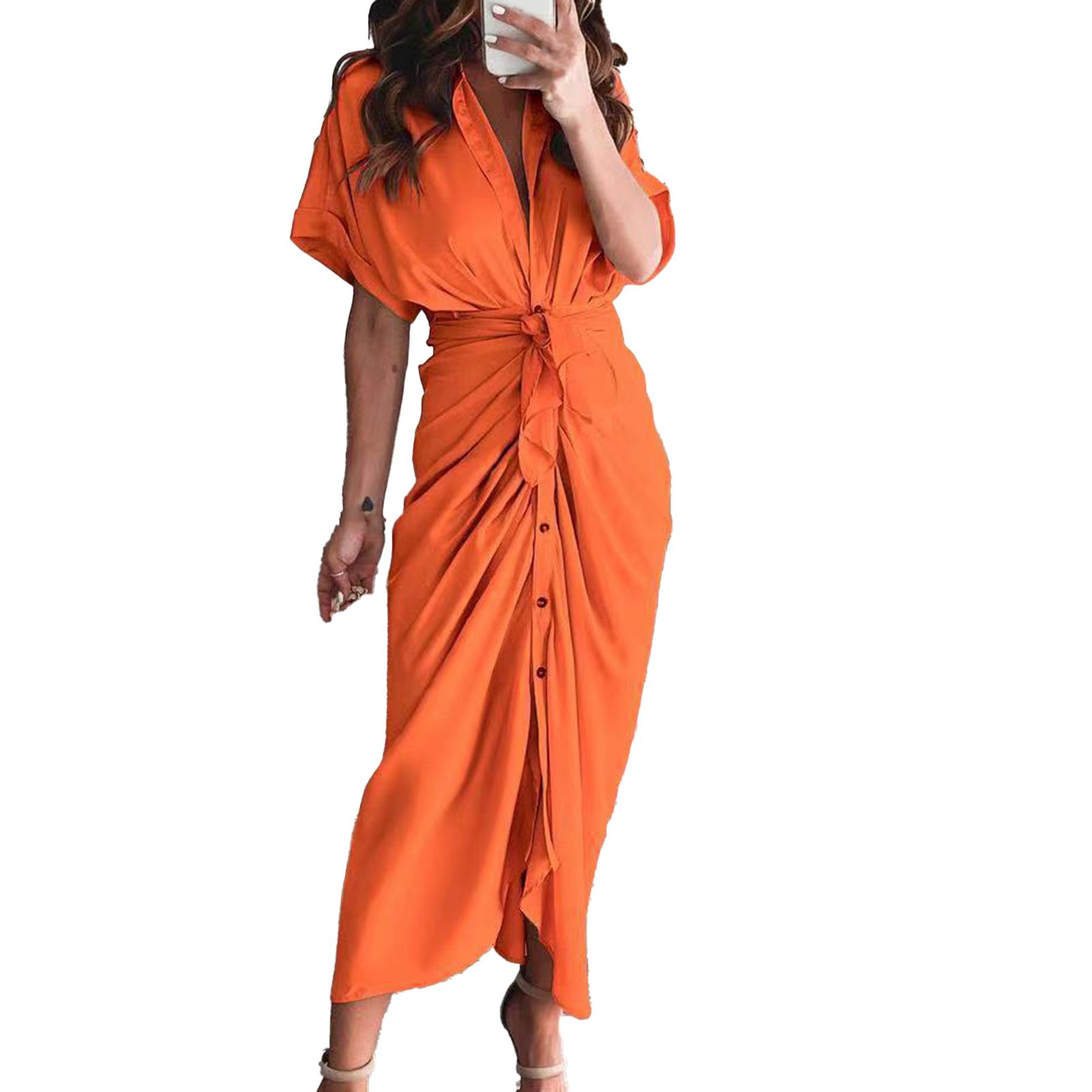 Women Dress Solid Color Belt Summer Short Sleeve Lapel Buttons Dress for Dating