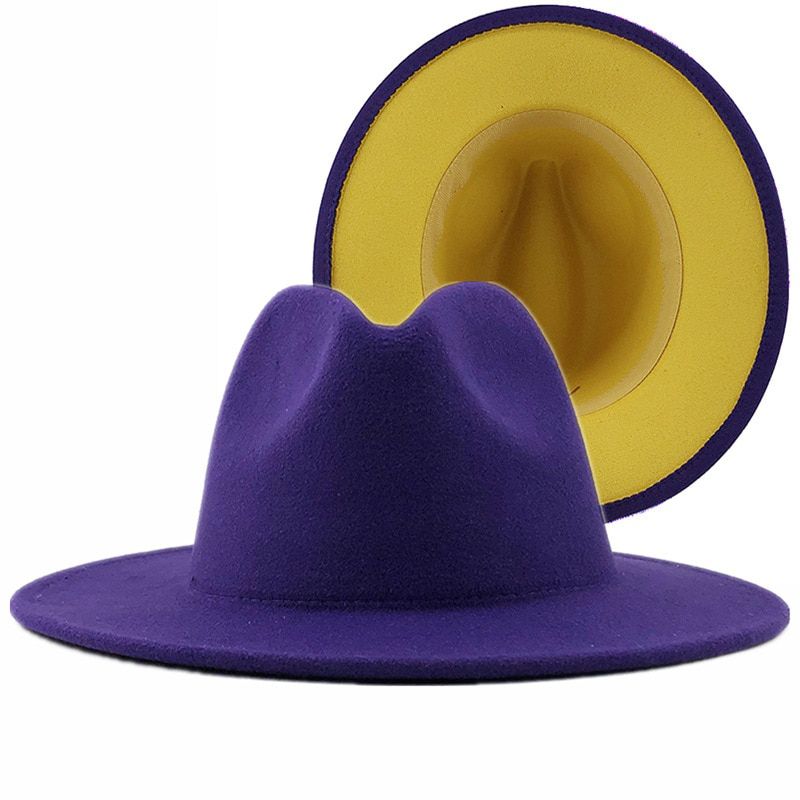 ple Outer Blue Inner Red Wool Felt Jazz Fedora Hats with Thin Belt Buckle Men Women Wide Brim Panama Trilby Cap 56-58-60CM