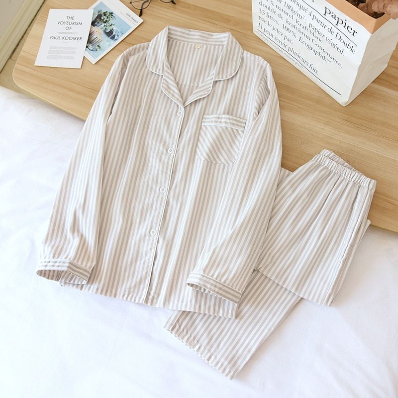 Spring And Summer  Couple Vertical Stripes Pajamas Two-piece 100% Cotton Long-sleeved Men's Simple Casual Home Wear Women
