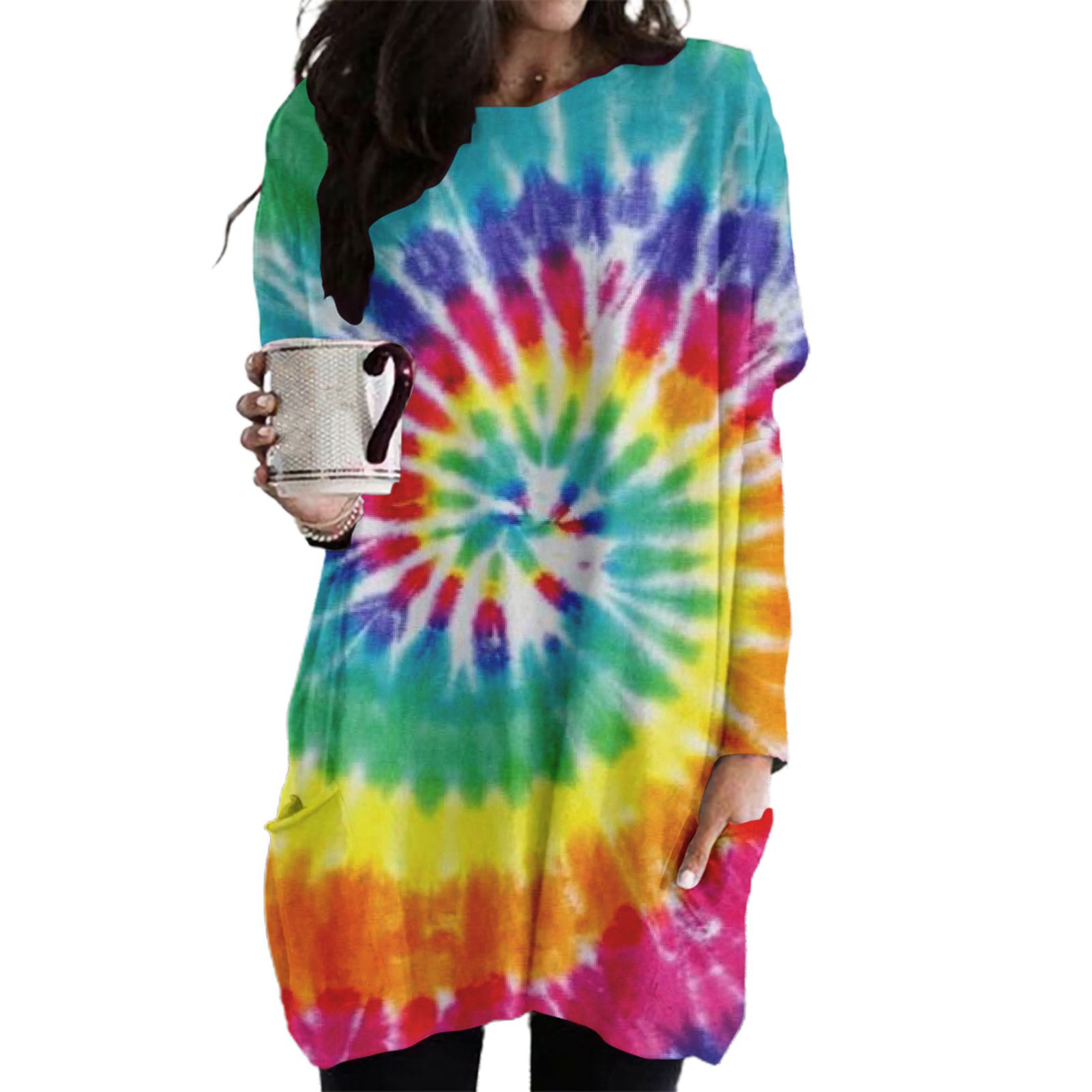 Xmas Dress Colorful Tie Dye Print O-Neck Sweatshirt Dress