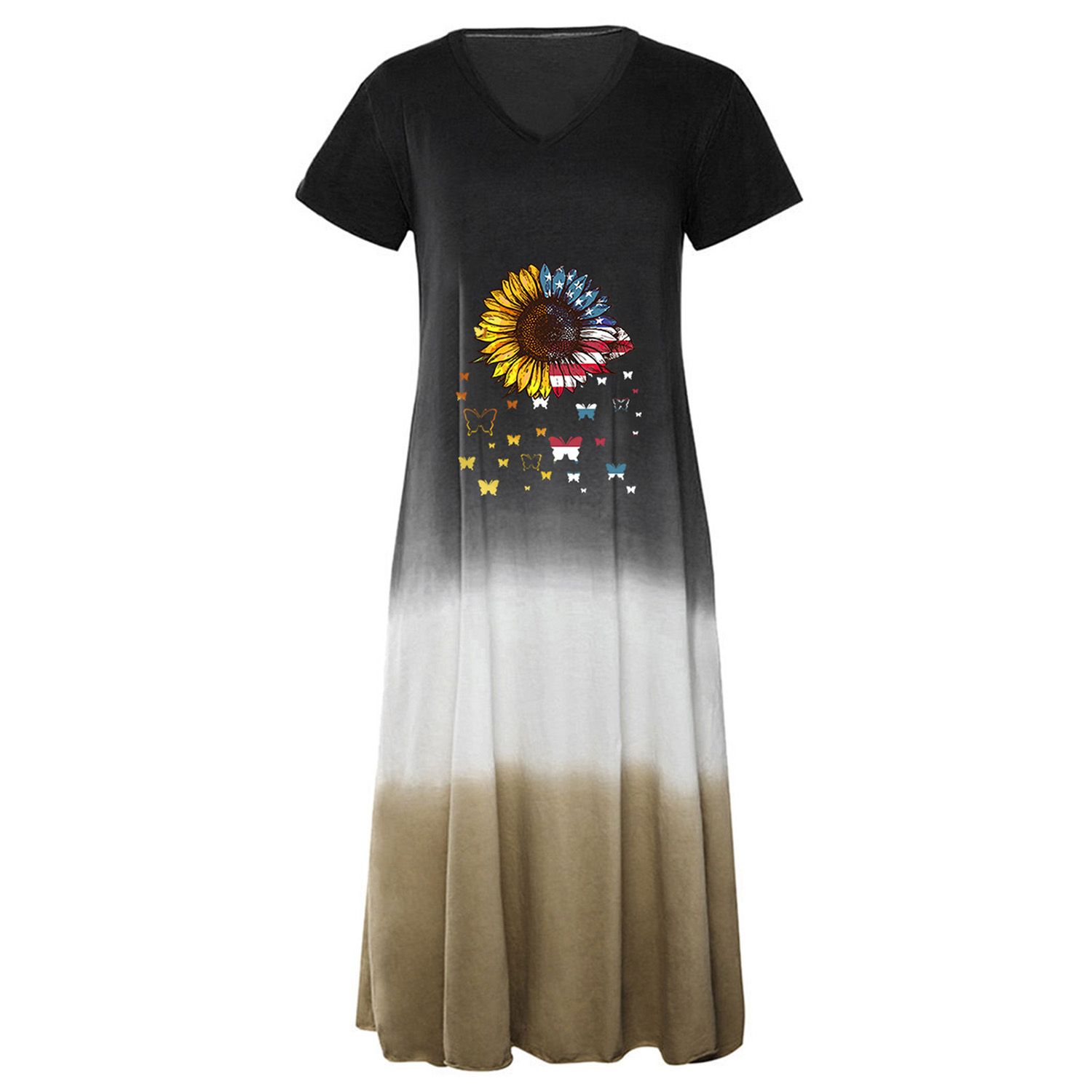 Short Sleeve Maxi Dress Contrast Color Women Flower Print V Neck Summer Dress Streetwear