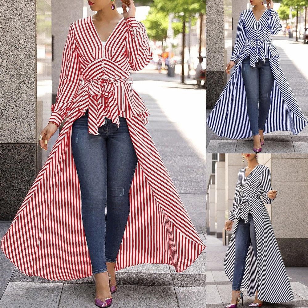 Women Fashion Long Sleeve  V-neck Striped Blouse Tops