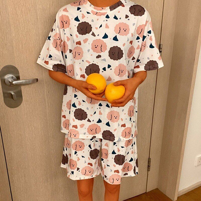 Summer Knitted Cotton Cartoon Pajamas Sets Women Pyjamas Loose Sleepwear Nightwear Pijama Plus Size Short Pants Homewear